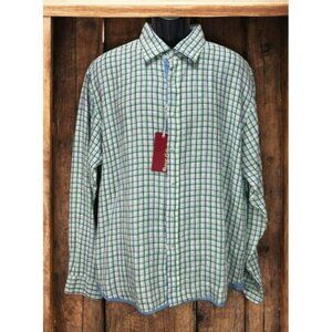 Report Collection Mens‎ Plaid Linen Shirt XL NWT New Blue-Green Check